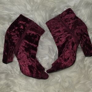 Wild Diva Velvet Heeled Boots in Deep Burgundy